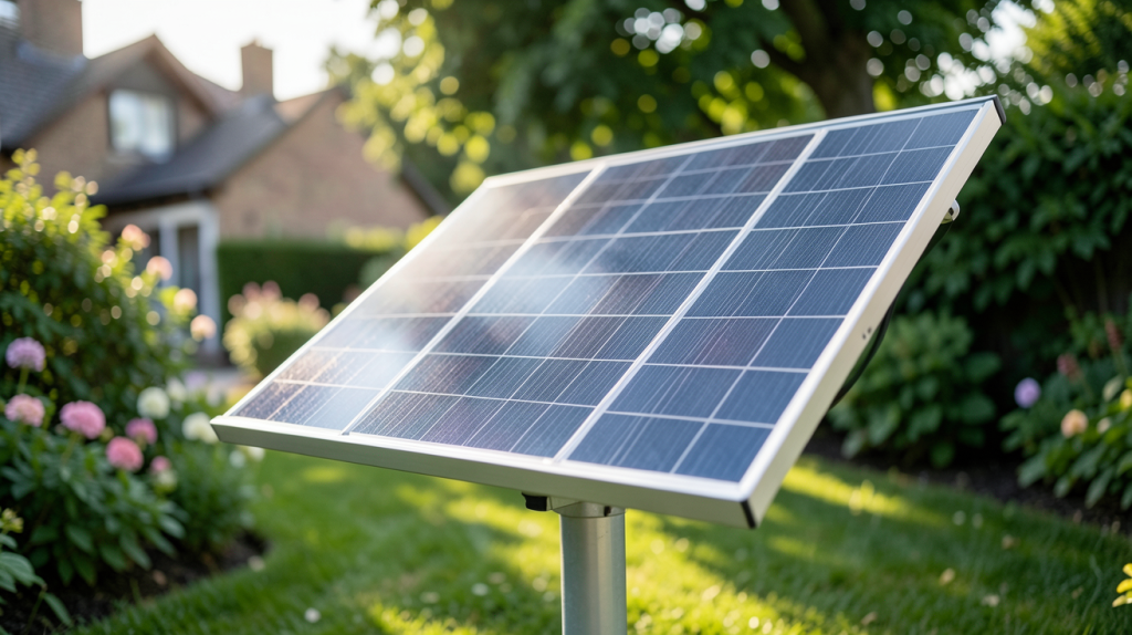 panneau solaire sur pied installé dans un jardin résidentiel avec une lumière naturelle