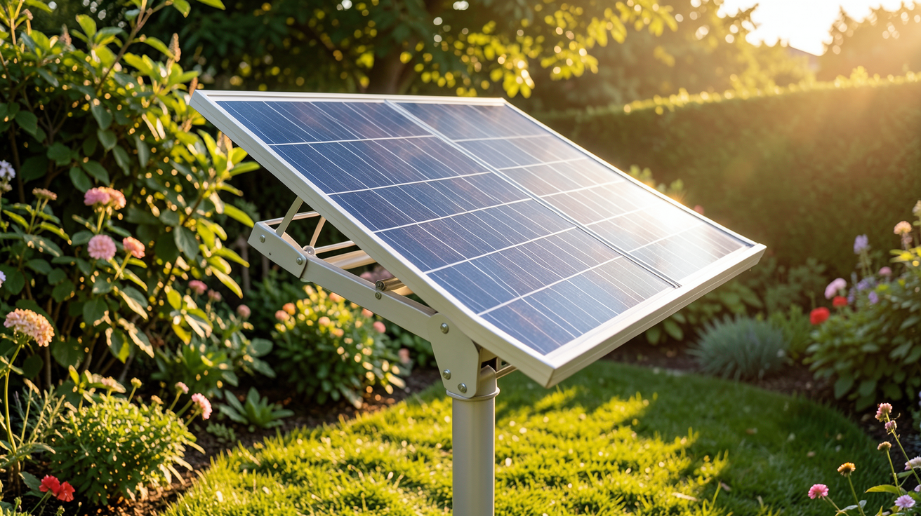 panneau solaire sur pied pivotant montrant un gain de rendement de 20 à 40 % grâce à son inclinaison optimisée