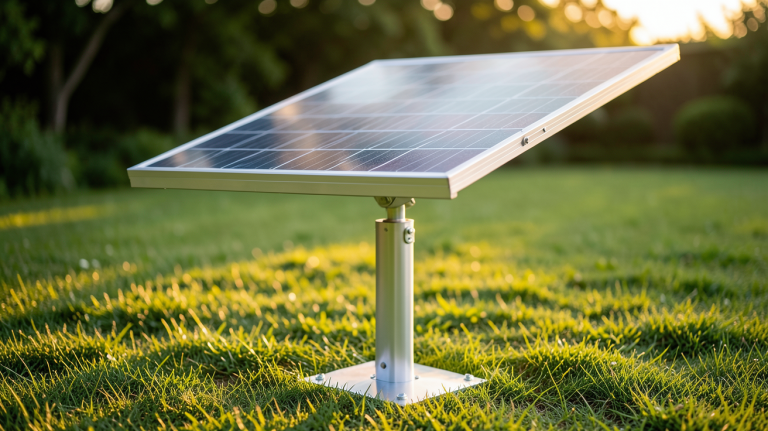 panneau solaire sur pied pivot installé en extérieur avec mécanisme de rotation visible