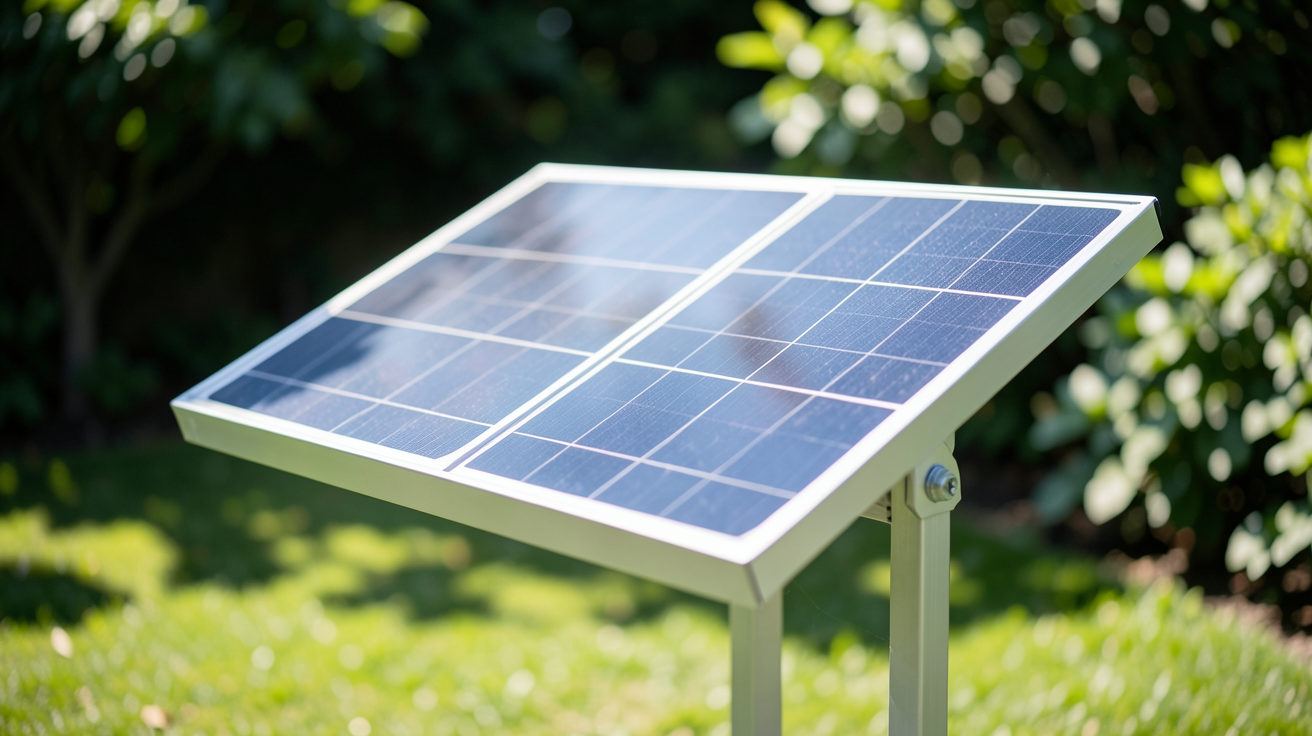 panneau solaire sur pied structure fixe économique installé dans un jardin ensoleillé