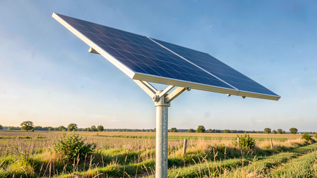 panneau solaire sur poteau métallique installé dans un champ ensoleillé