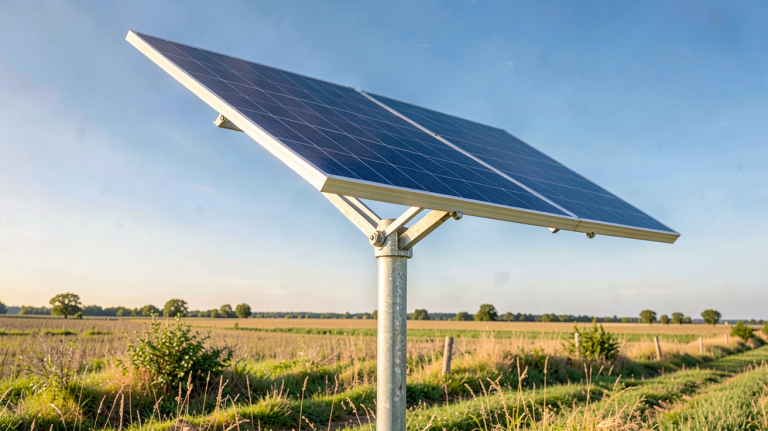 panneau solaire sur poteau métallique installé dans un champ ensoleillé