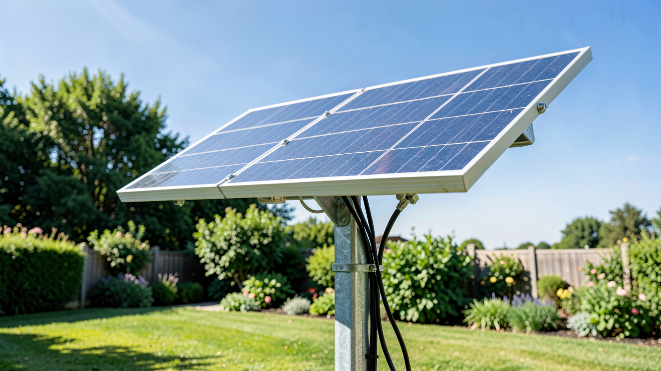 panneau solaire sur poteau métallique installé dans un jardin ensoleillé avec un ciel bleu