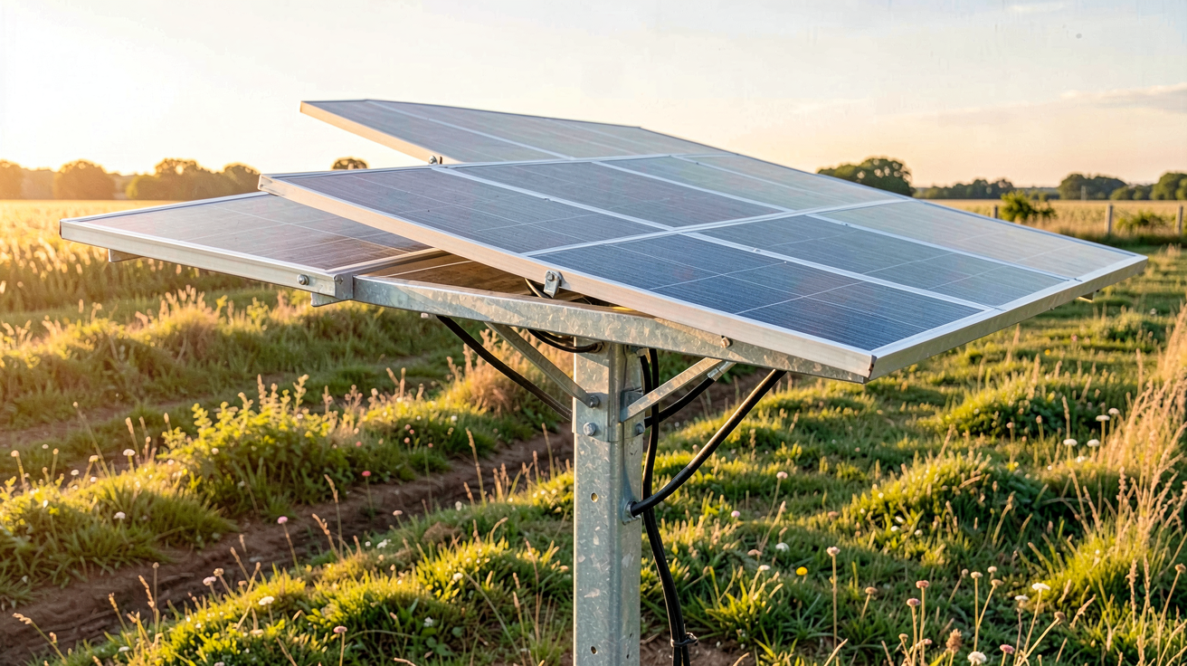 panneau solaire sur poteau installé dans un champ rural ensoleillé