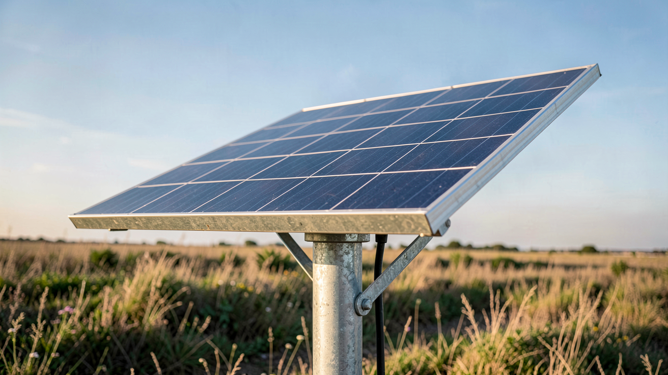 panneau solaire sur poteau support en acier galvanisé installé en extérieur