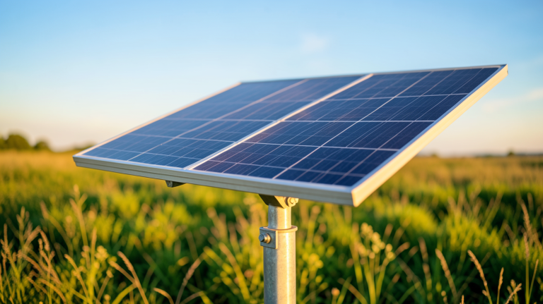 panneau solaire sur secteur installé dans un champ ensoleillé avec un ciel bleu