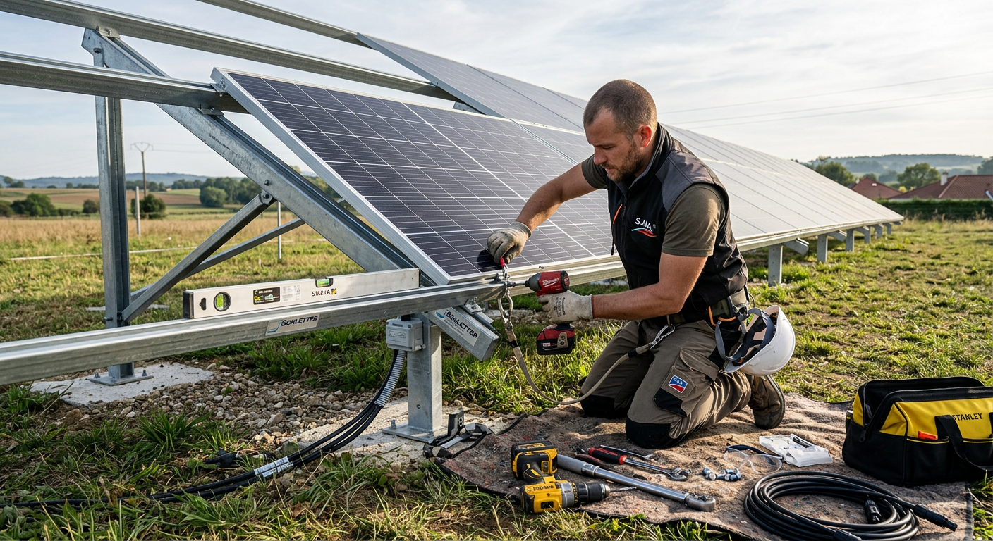 panneau solaire sur secteur lors des étapes d'installation détaillée par un professionnel