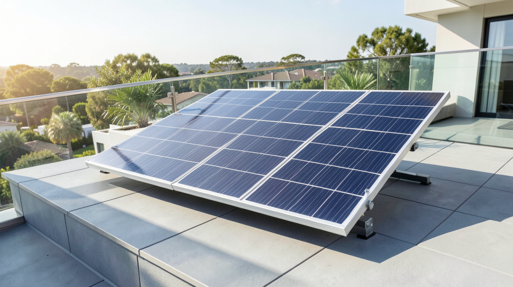 panneau solaire sur terrasse installé sur une terrasse moderne avec vue sur jardin