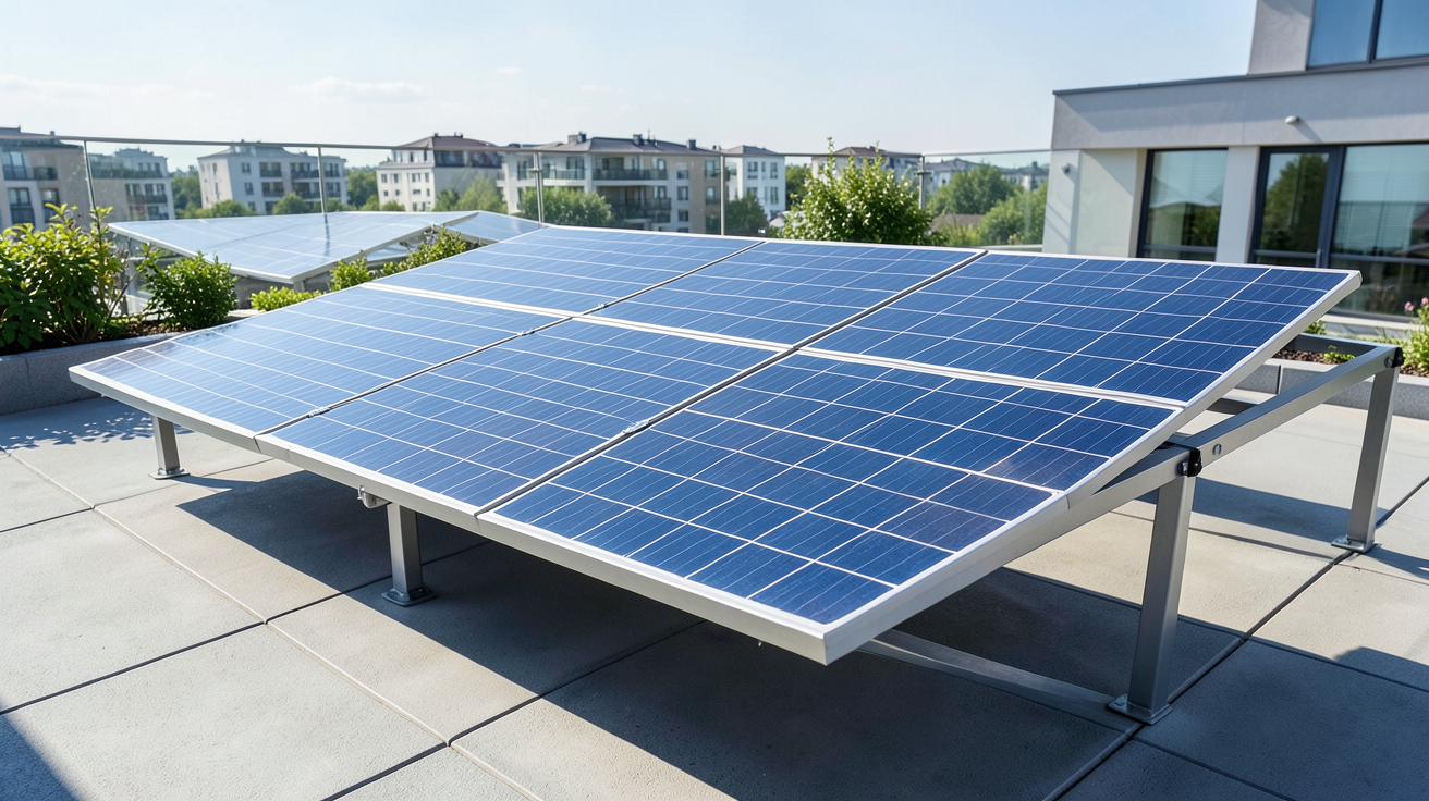panneau solaire sur terrasse installés sur une terrasse résidentielle avec vue sur jardin