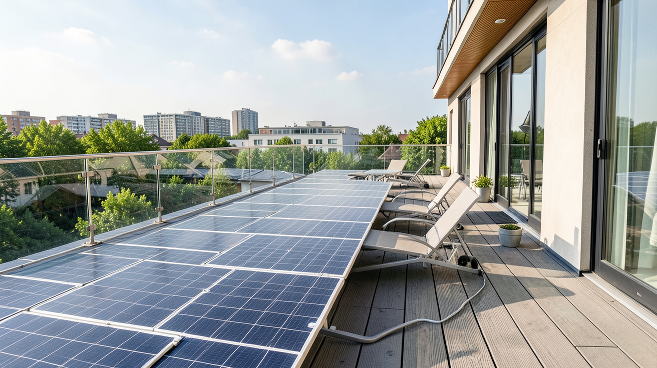 panneau solaire sur terrasse installé sur une terrasse moderne, lumière naturelle