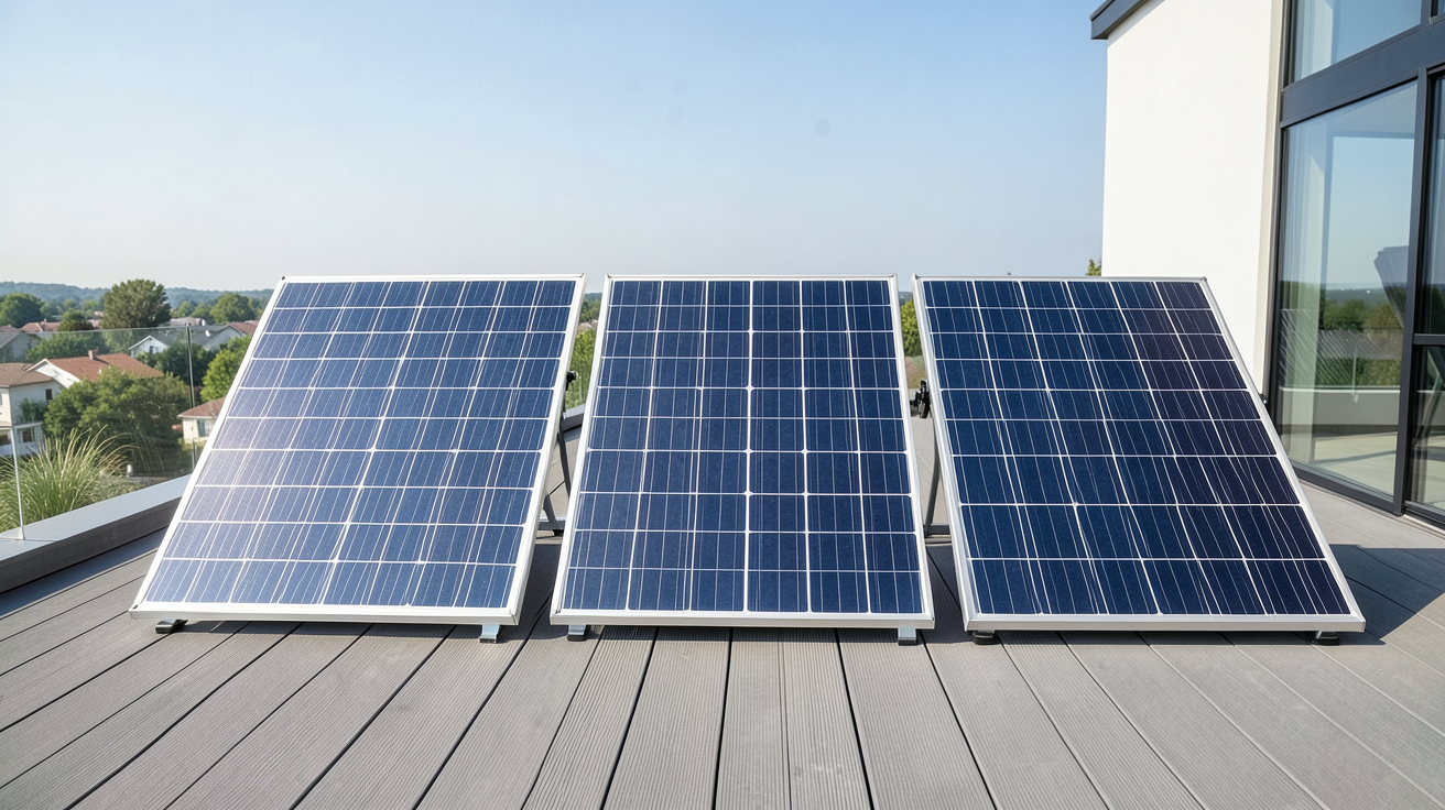 panneau solaire sur terrasse montrant trois types de panneaux adaptés à un patio