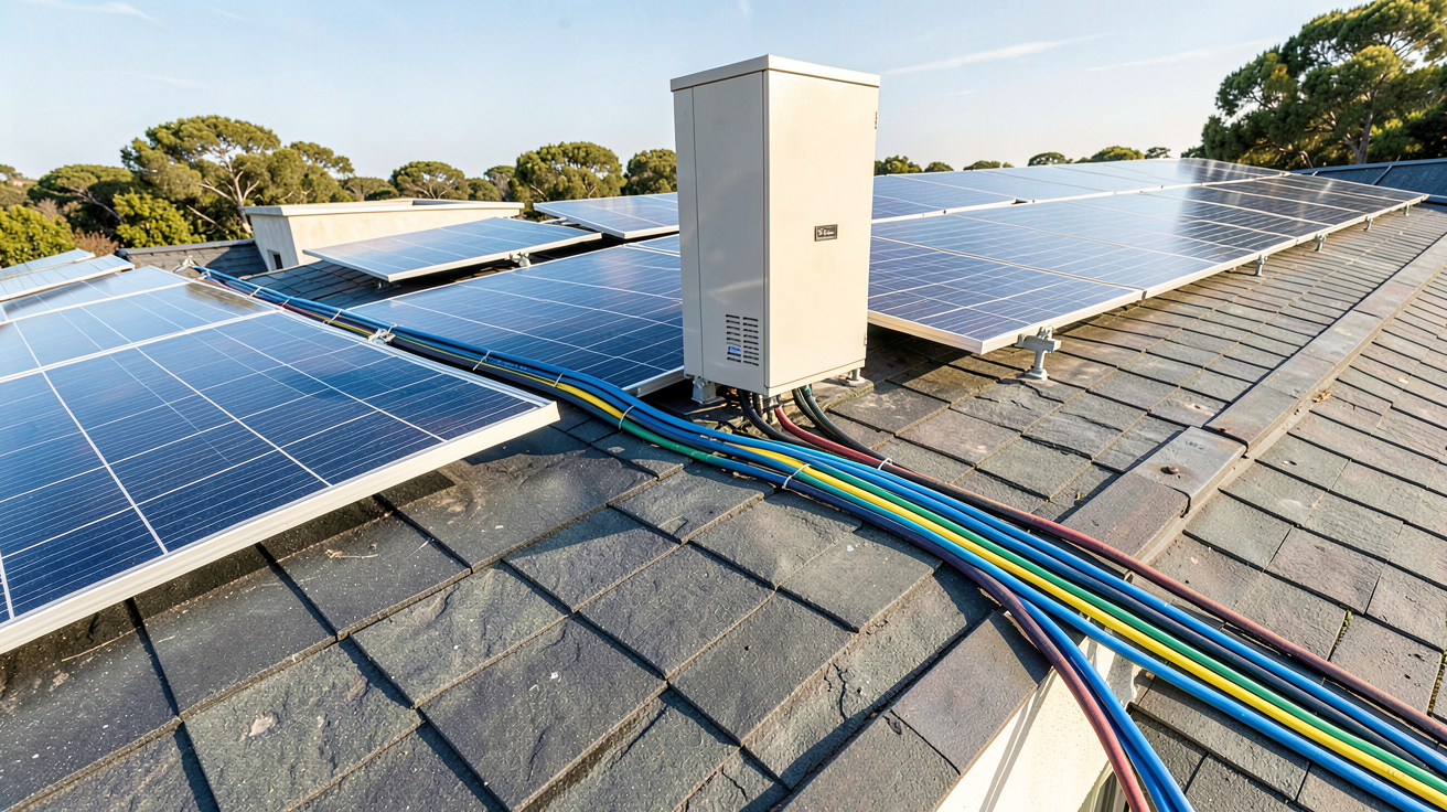 panneau solaire sur toit illustrant la connexion entre les cellules photovoltaïques et le système électrique