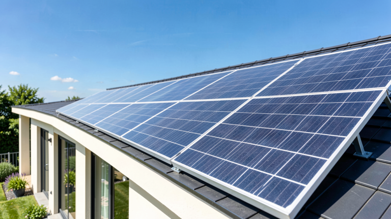 panneau solaire sur toit installé sur une maison résidentielle moderne sous un ciel bleu