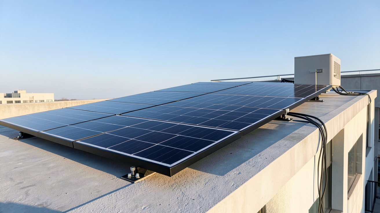 panneau solaire sur toit plat d'un immeuble moderne illustrant le coût et la rentabilité d'une installation photovoltaïque