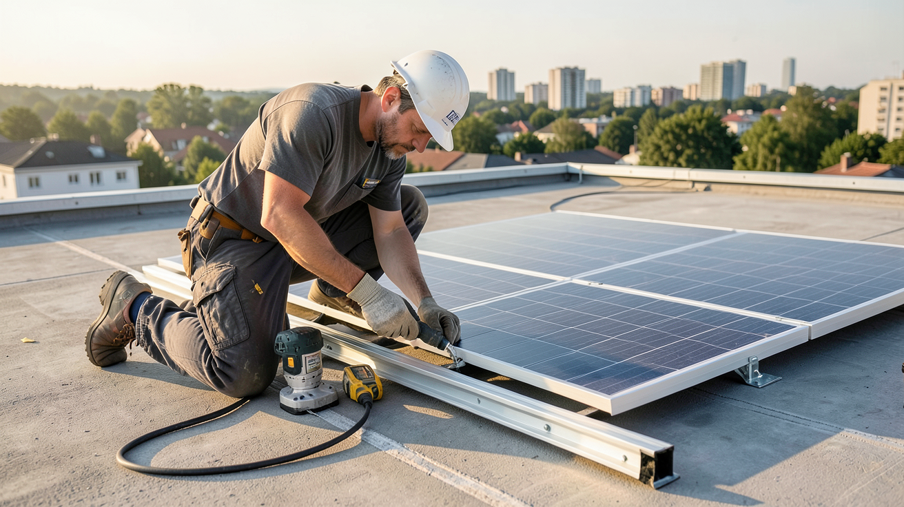 panneau solaire sur toit plat étapes d'installation technicien en action