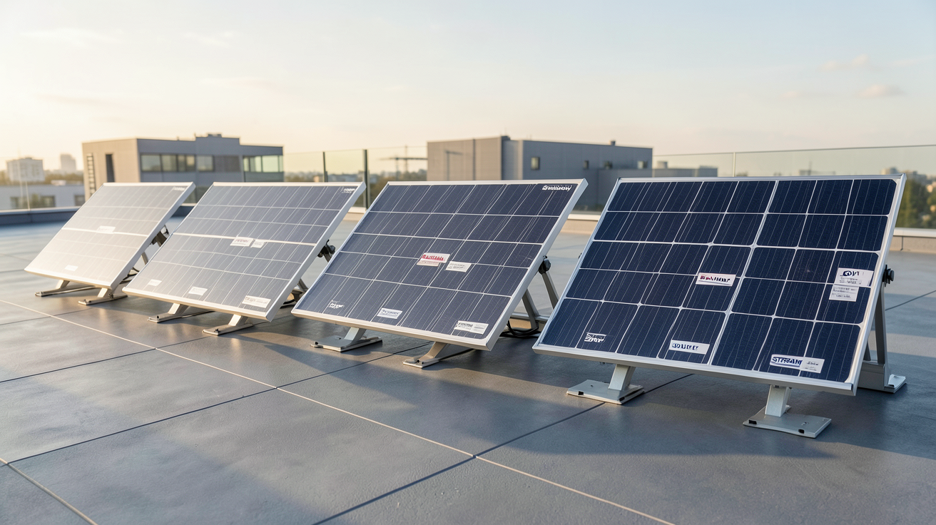 panneau solaire Synology présentant les différents modèles PLAY, GO!, PLAYMax, STOREY, VAULT et STREAM alignés sur un toit