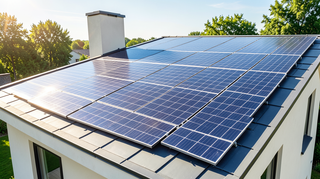 panneau solaire systovi installé sur une toiture résidentielle moderne sous un ciel clair