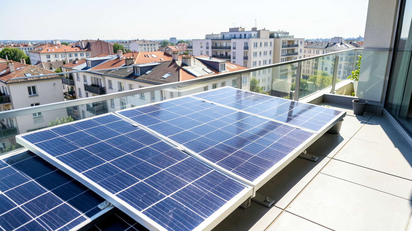 panneau solaire terrasse appartement installé sur un balcon avec vue sur les toits de la ville