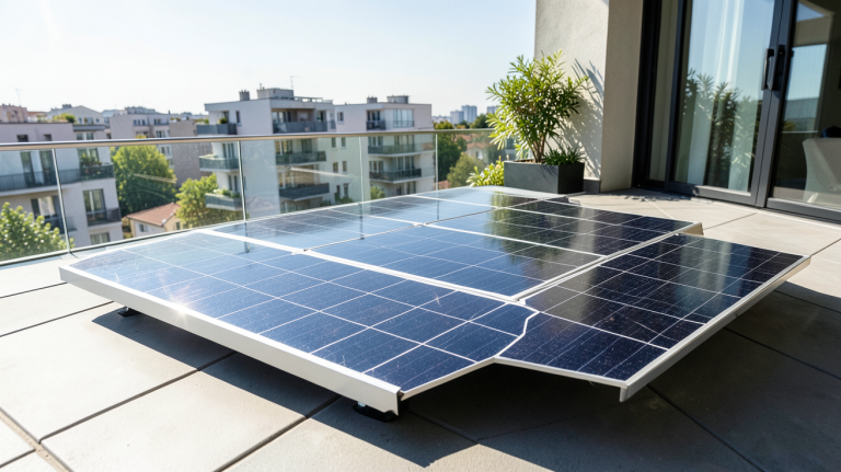 panneau solaire terrasse appartement installé sur un balcon ensoleillé d'un immeuble contemporain