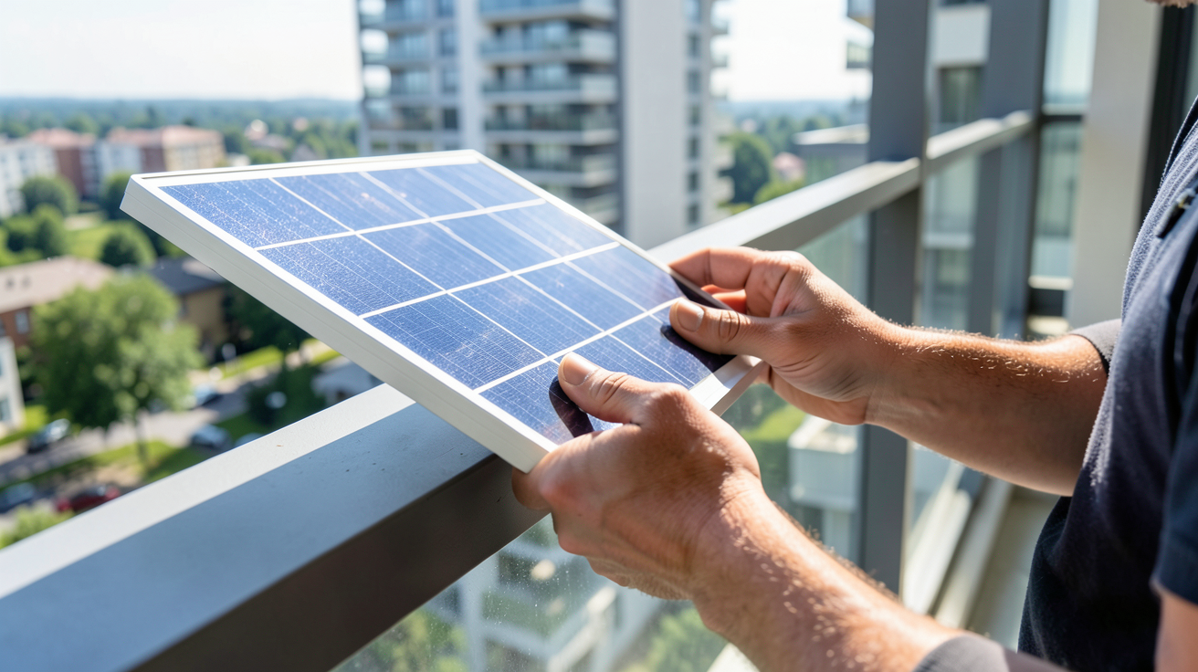 panneau solaire terrasse appartement en cours d'installation sur un balcon urbain avec un kit plug-and-play