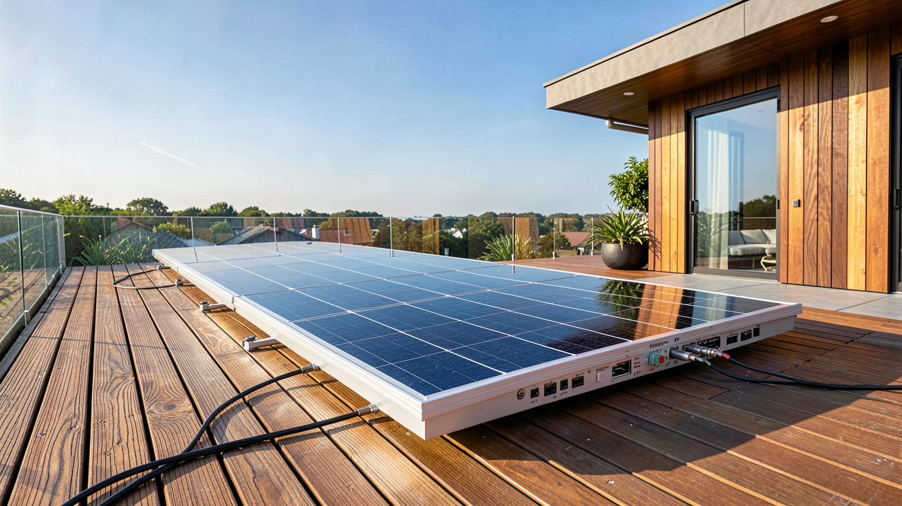 panneau solaire installé sur une terrasse en bois pour calculer la rentabilité et les économies d'énergie