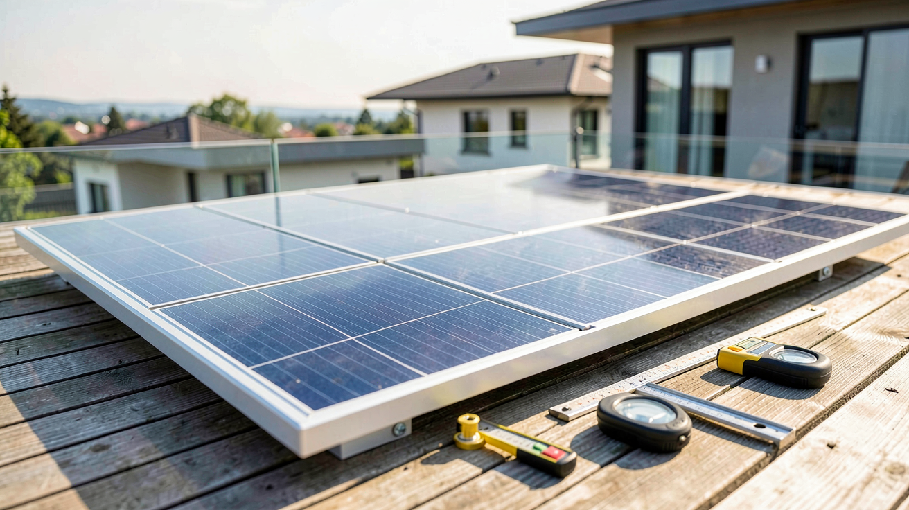 panneau solaire installé sur une terrasse en bois avec outils de mesure pour étude de faisabilité