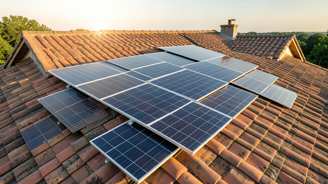 panneau solaire Terreal intégré sur une toiture en tuiles Terreal d'une maison moderne