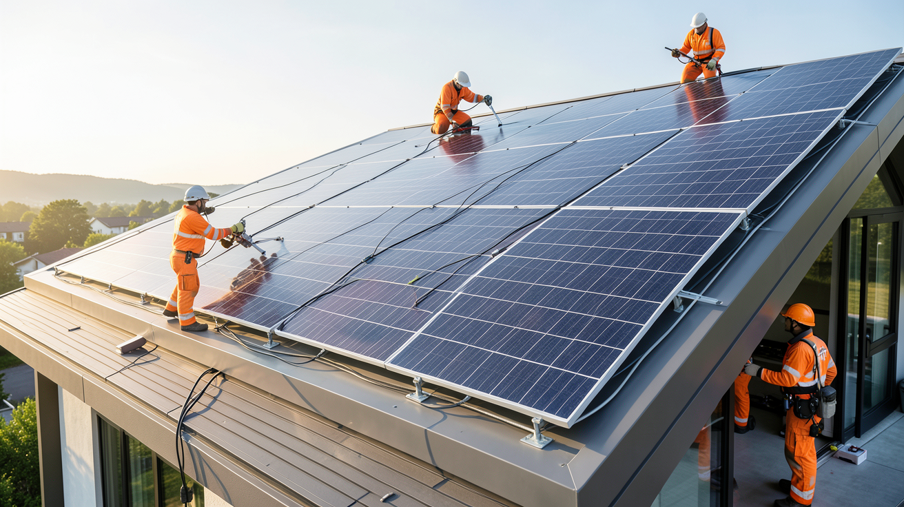 panneau solaire Tesla en cours d'installation sur le toit d'une maison moderne