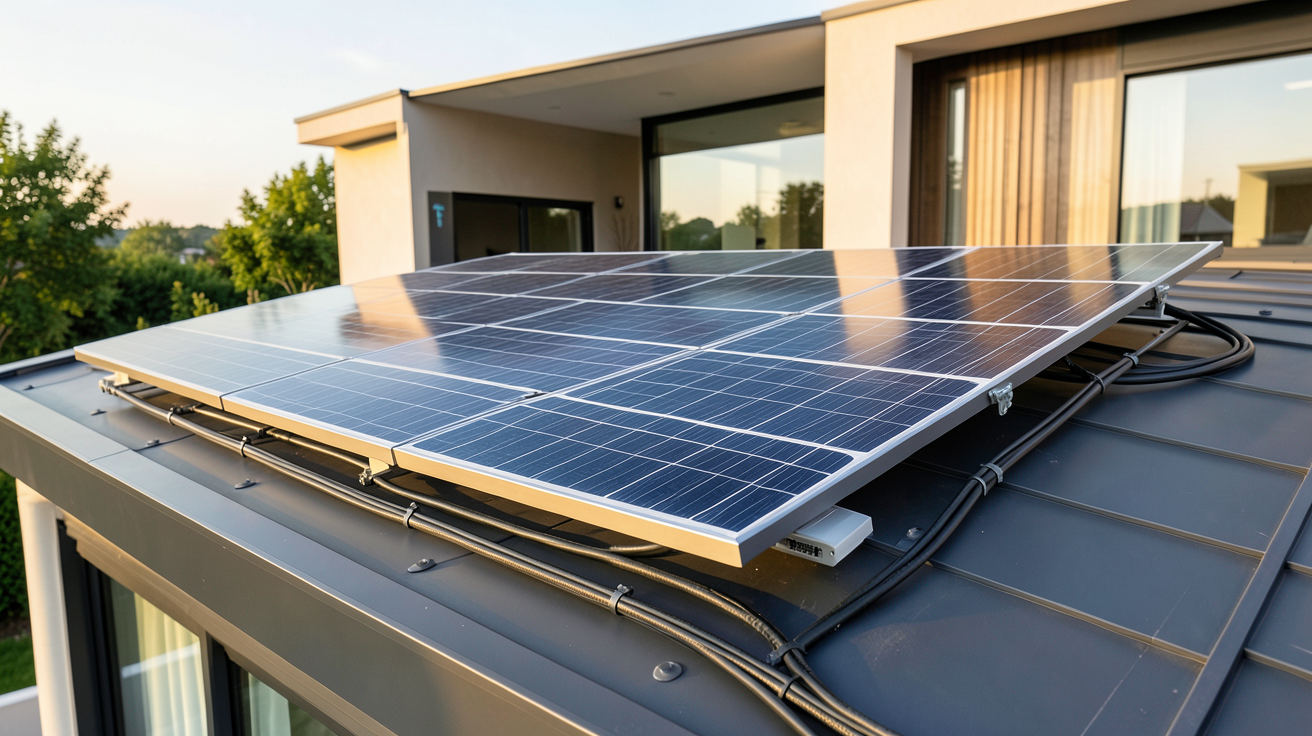 panneau solaire Tesla installé sur le toit d'une maison moderne avec onduleur Powerwall visible