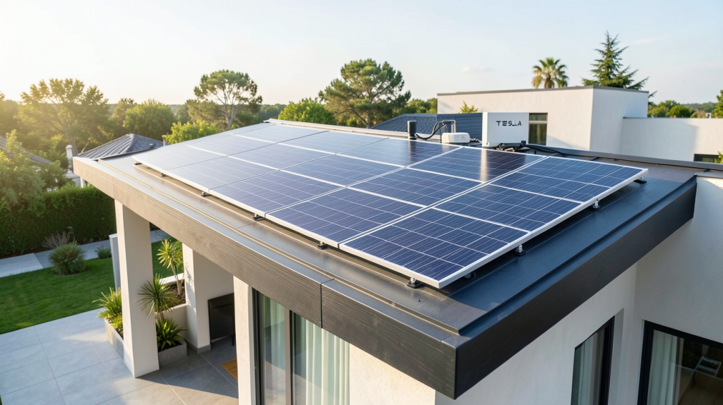 panneau solaire Tesla Powerwall installé sur le toit d'une maison contemporaine