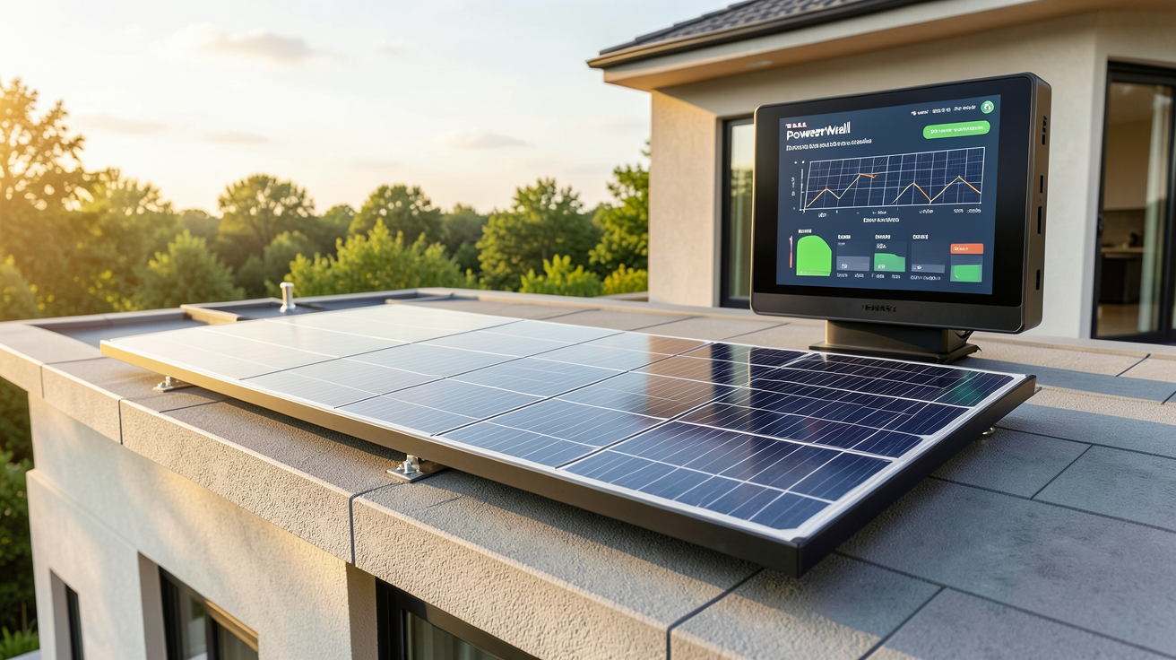 panneau solaire Tesla Powerwall installé sur le toit d'une maison moderne avec calculateur de rentabilité solaire en arrière-plan