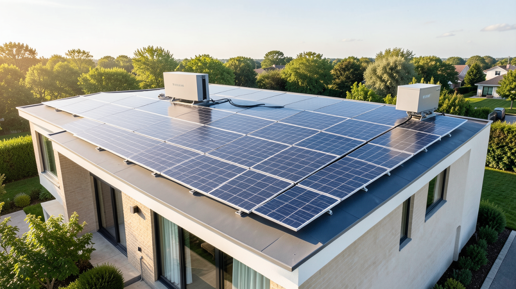 panneau solaire Tesla installé sur le toit d'une maison contemporaine moderne