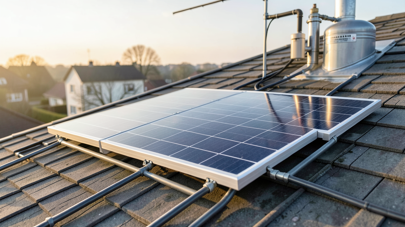 panneau solaire thermique chauffage fonctionnant sur un toit avec système de chauffage domestique en arrière-plan