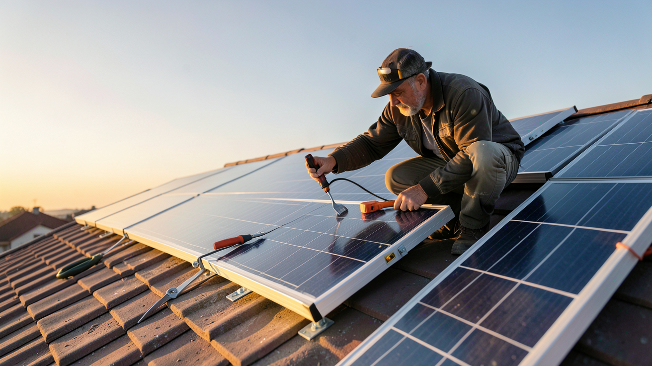 panneau solaire thermique en cours d'installation sur un toit par un professionnel