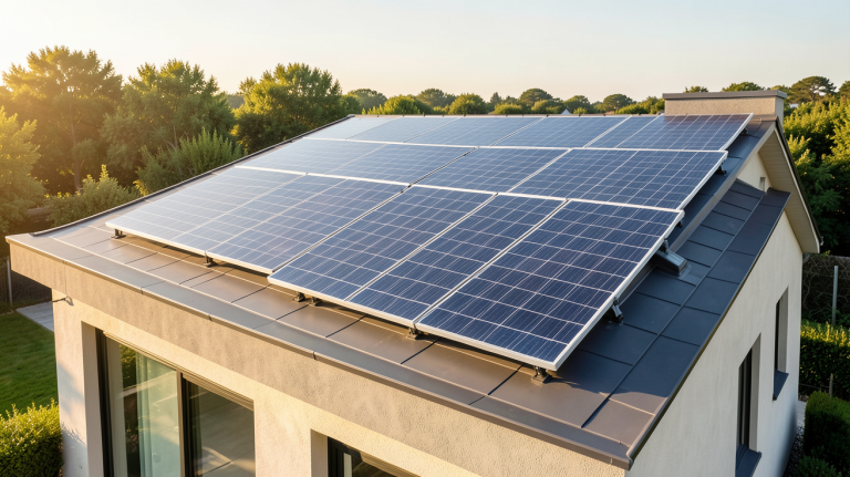 panneau solaire thermique chauffage installé sur le toit d'une maison moderne sous un ciel clair