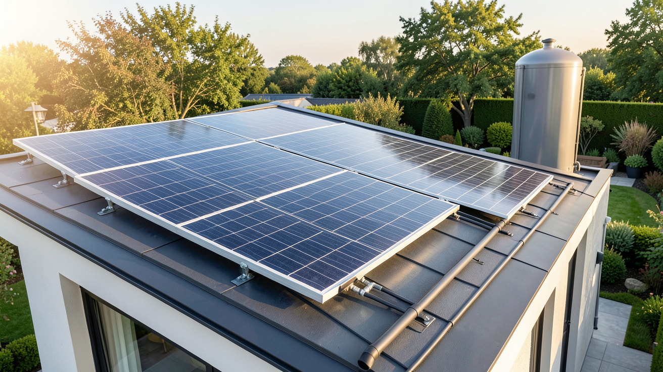 panneau solaire thermique installé sur le toit d'une maison moderne pour chauffer l'eau et le logement