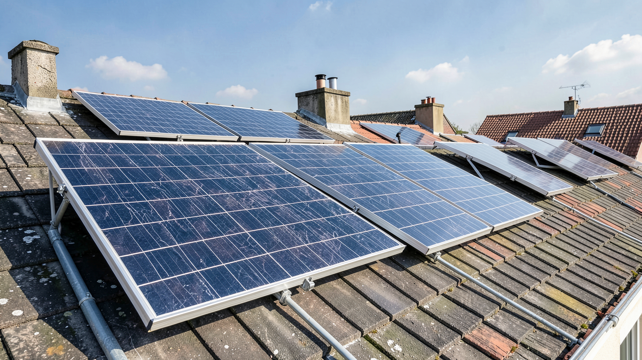 panneau solaire thermique eau chaude présentant différents types de panneaux installés sur des toits pour le chauffage de l'eau