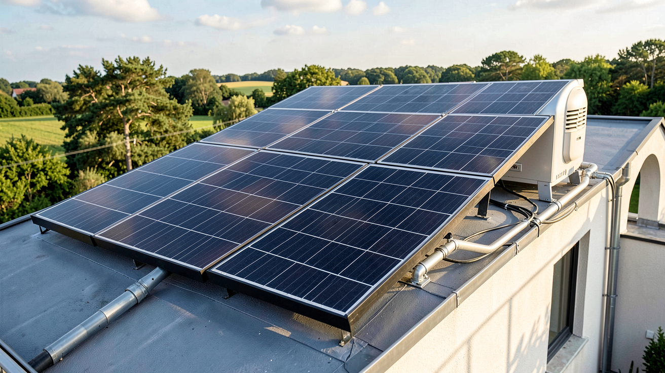 panneau solaire thermique eau chaude faisant partie d'un kit chauffe-eau solaire installé sur un toit de maison