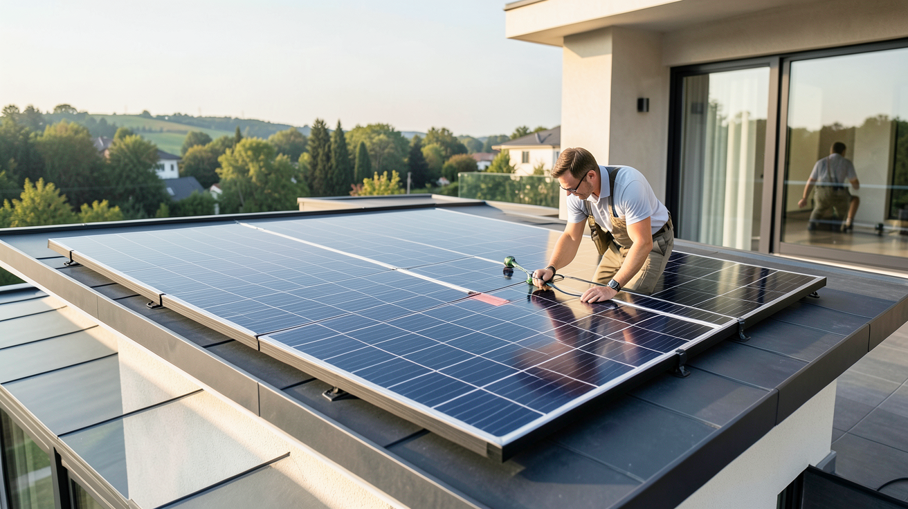 panneau solaire thermique et photovoltaïque montrant un technicien expliquant le fonctionnement d'un panneau thermique sur un toit résidentiel sous lumière naturelle