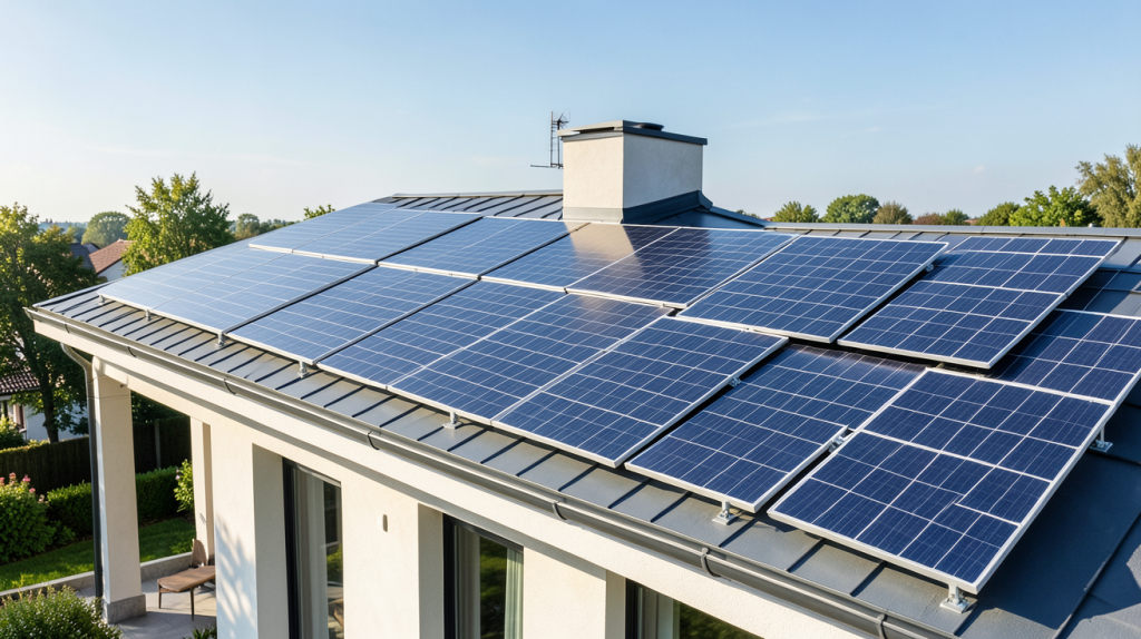panneau solaire thermique et photovoltaique prix installé sur la toiture d'une maison contemporaine