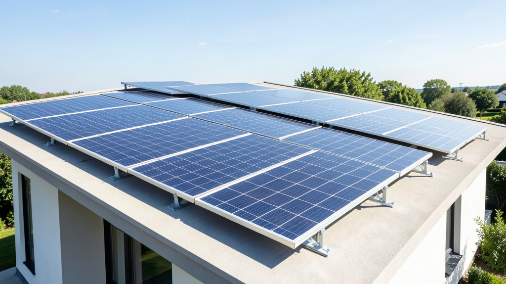 panneau solaire thermique et photovoltaïque installé sur une toiture résidentielle moderne sous un ciel dégagé
