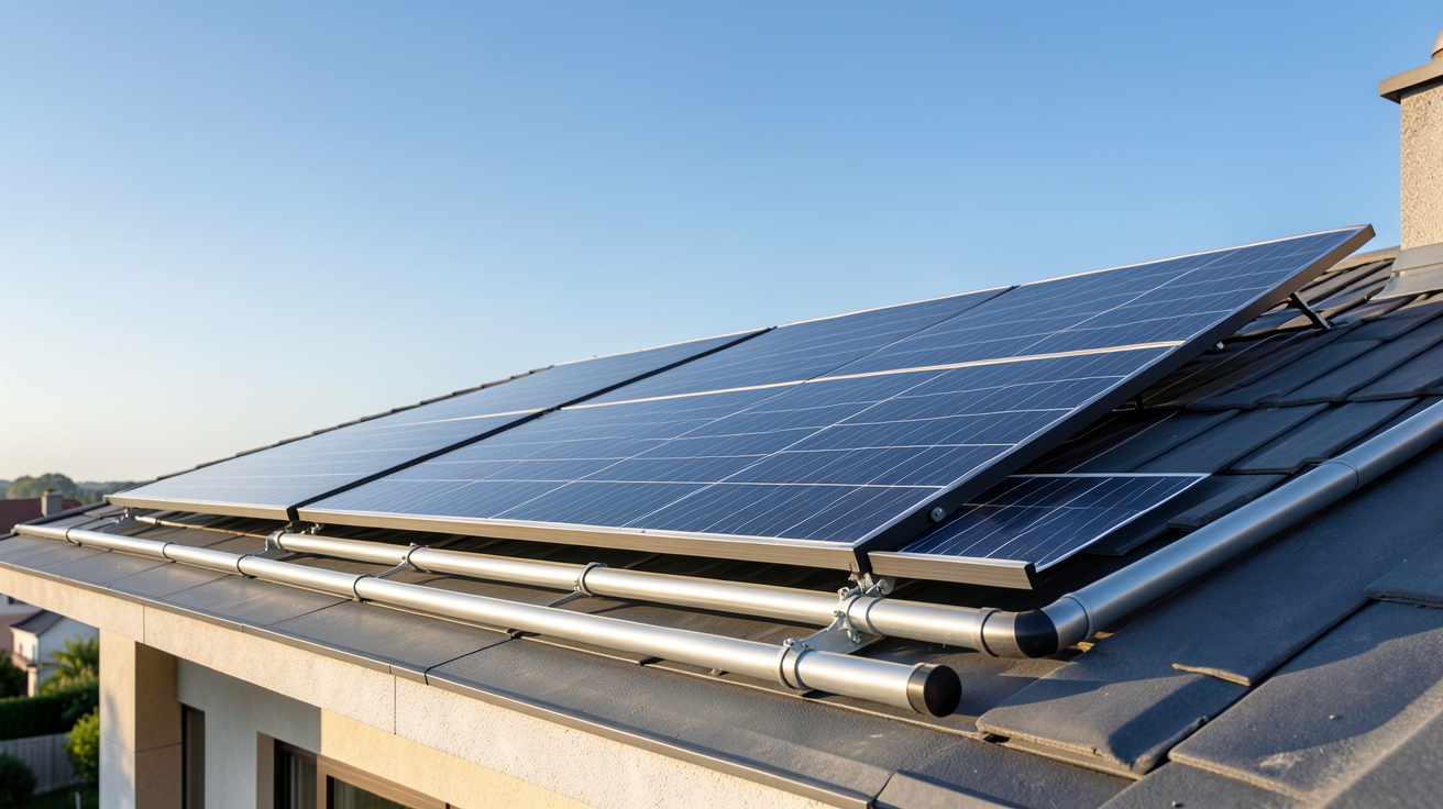 panneau solaire thermique installé sur le toit d'une maison moderne avec un ciel dégagé en arrière-plan