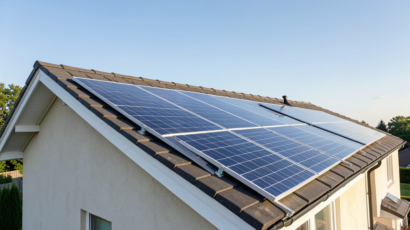 panneau solaire thermique installé sur le toit d'une maison individuelle sous un ciel dégagé