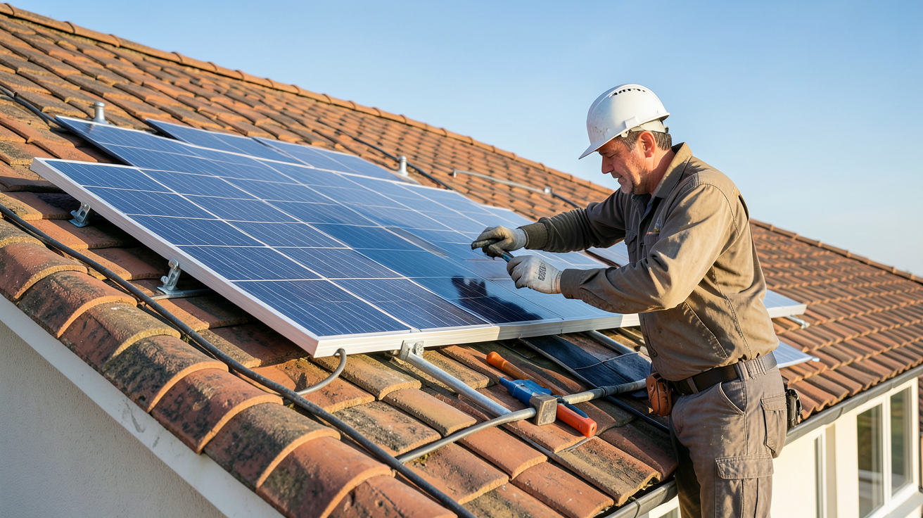 panneau solaire thermique en cours d'installation sur le toit d'une maison individuelle