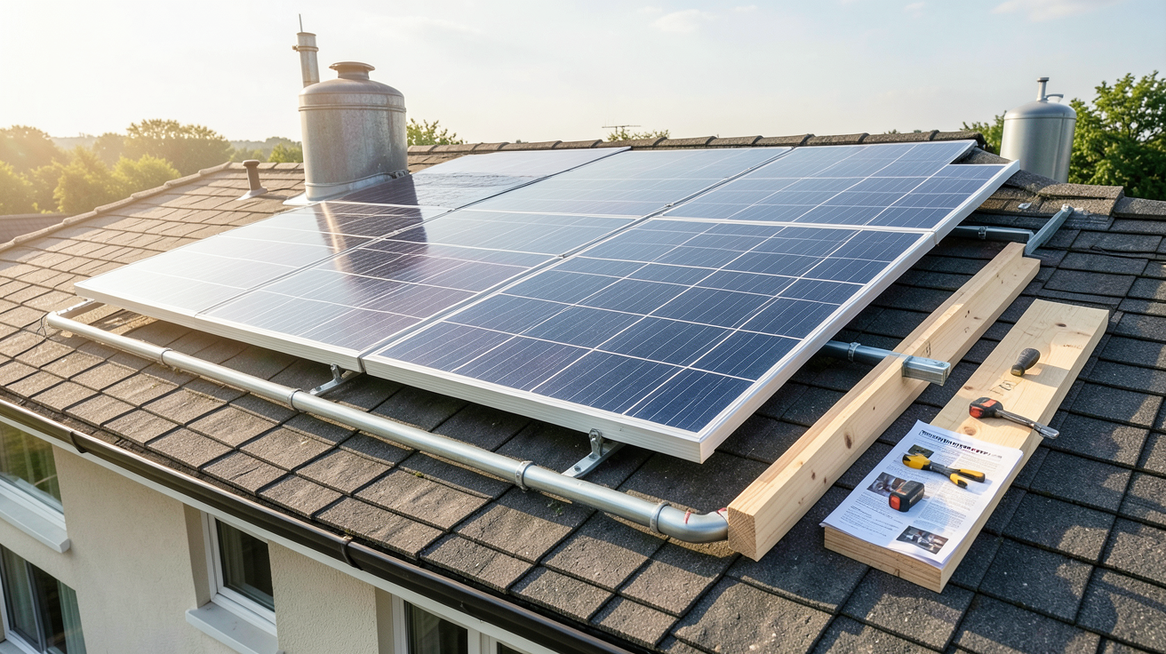 panneau solaire thermique pas cher installé sur un toit avec un guide d'installation DIY à côté