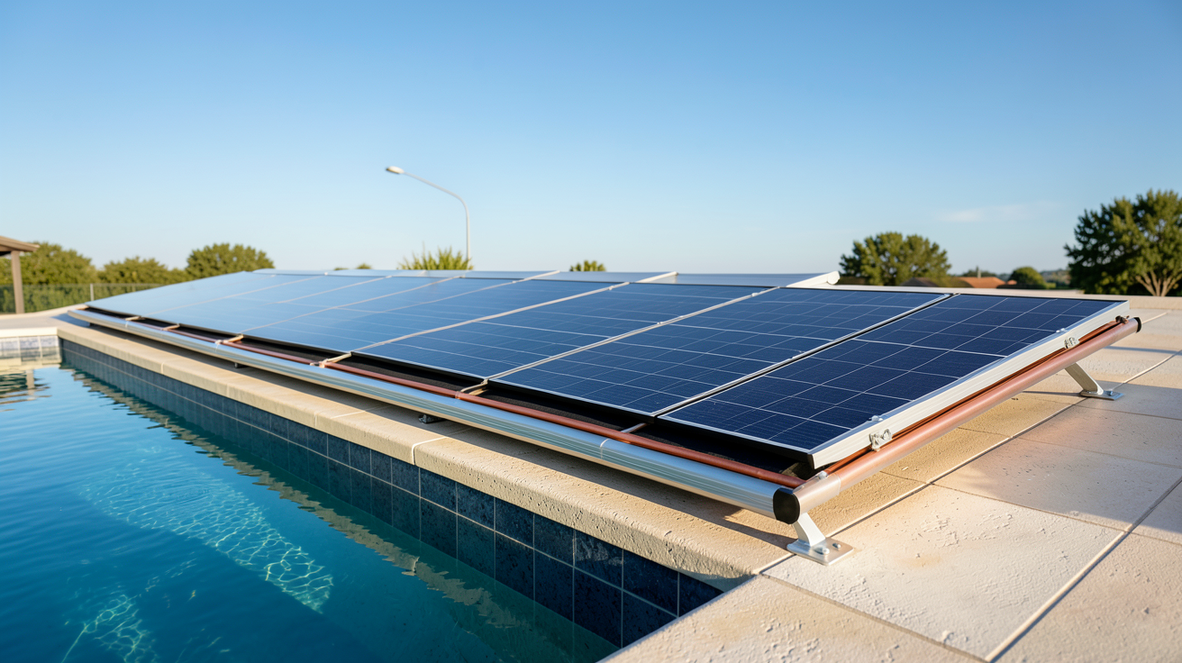 panneau solaire thermique installé sur le toit d'une piscine privée montrant son fonctionnement technique