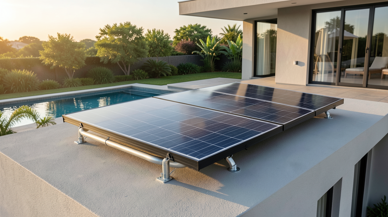 panneau solaire thermique installé sur le toit d'une maison contemporaine pour chauffer une piscine