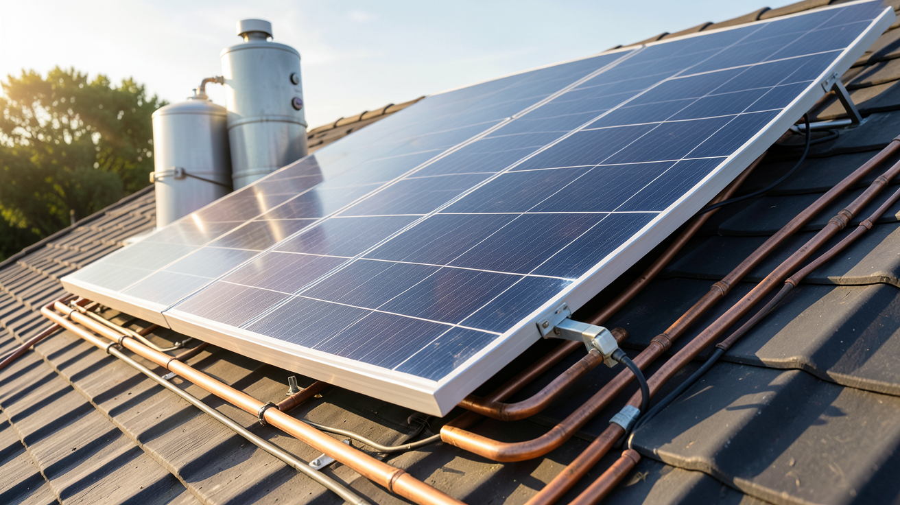 panneau solaire thermique pour chauffer l'eau en fonctionnement sur un toit