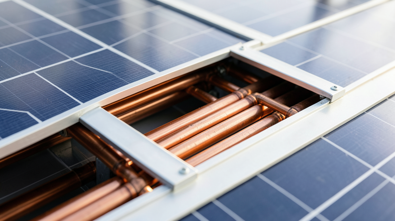 panneau solaire thermique montrant le principe de fonctionnement avec le fluide caloporteur dans les tubes en cuivre