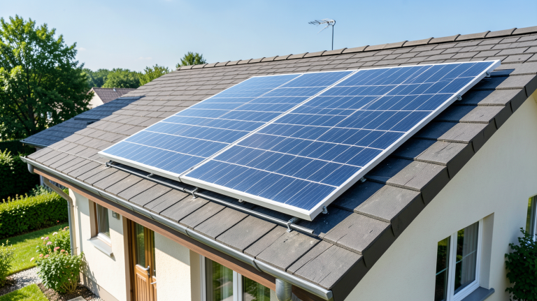 panneau solaire thermique installé sur le toit d'une maison résidentielle, capturé en lumière naturelle, image ultra réaliste de haute qualité.